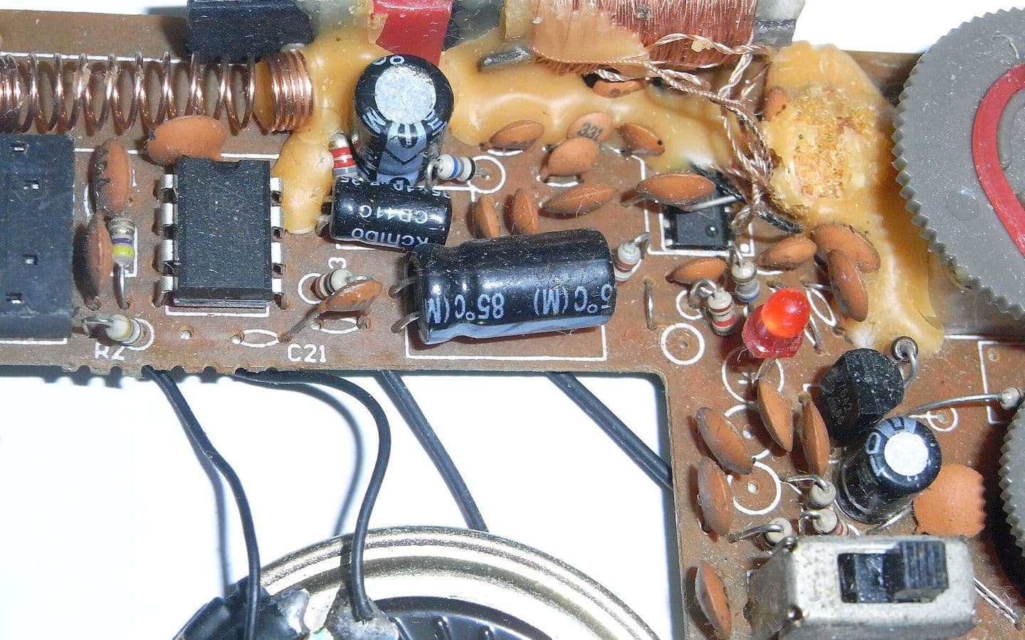 Close-up of a printed circuit board with components and traces